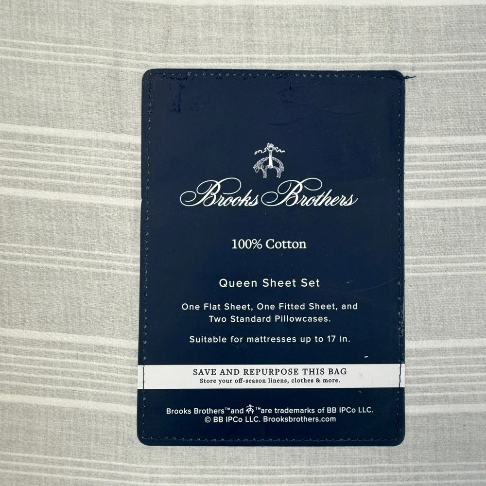Brooks Brothers Queen Sheet Set Grey White Stripe 100% Cotton 4pc Luxury New